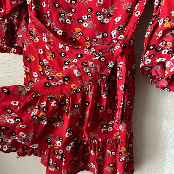 Maje Rahimi Floral Short Sleeve Ruffle Wrap Mini Dress Red Size 1 - Picture 4 of 9